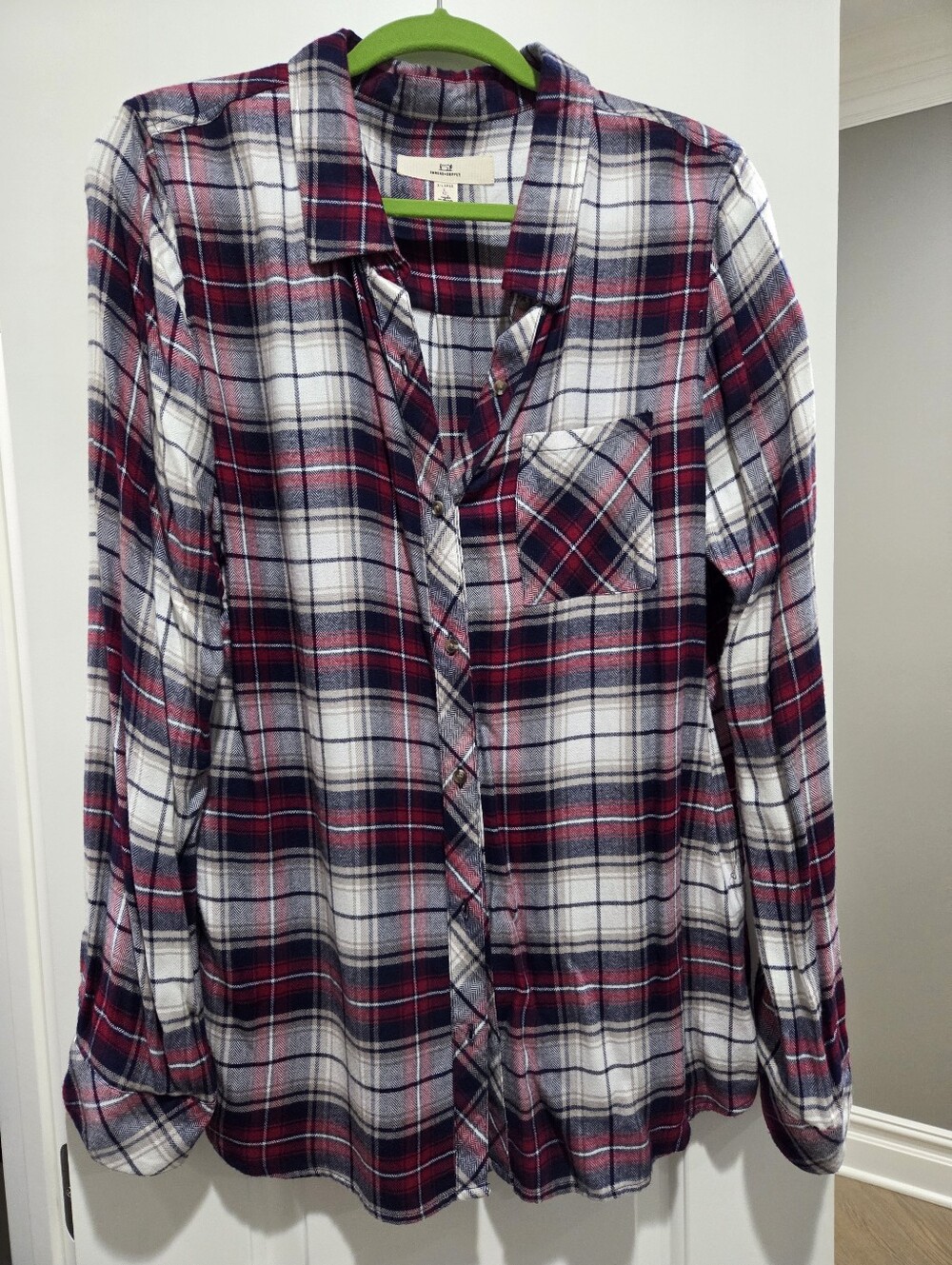 Women Plaid Button-Up Shirt - Red & Navy